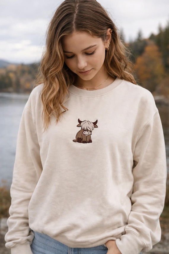 Embroidered Highland Cow Hoodie: Farm Animal Gift