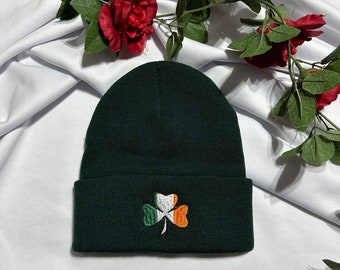 Embroidered Ireland Flag Beanie: Irish Shamrock Knit Cap