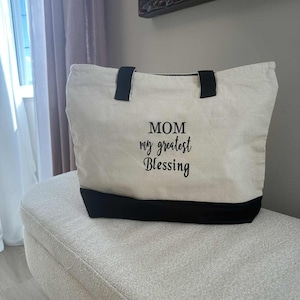 Personalized Canvas Tote Bag with Zipper: Embroidered Gift for her, mom’s gift