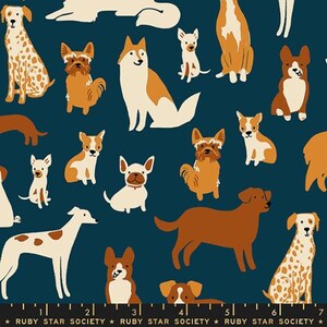 May include: A dark teal fabric featuring a repeating pattern of various dog breeds in shades of cream, tan, and brown. The bottom edge includes a black border with the white text "RUBY STAR SOCIETY" and a ruler measuring up to 7 inches.