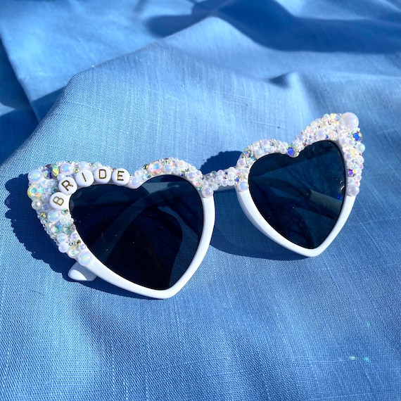 Bride And Bachelorette Party Custom Phrase Heart Bling Rhinestone Sunglasses Personalized Bride Sunglasses, White Heart Sunglasses  main image 4
