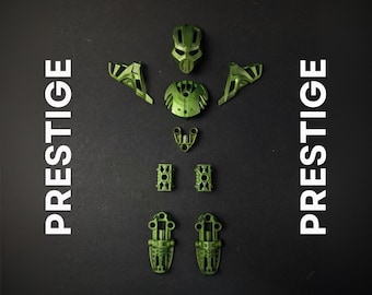 May include: Green plastic toy components arranged on a black background, forming a humanoid shape. The word "PRESTIGE" is printed vertically in white on either side. The parts include a mask, chest piece, and limb components.