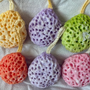 May include: Six colorful bath poufs with a honeycomb texture and a string attached. The poufs are in shades of yellow, purple, green, pink, and orange.