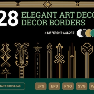 Art Deco Border Clipart: Border designs, Decorative Elements SVG, Vintage Silhouette, PNG SVG for Cricut, Wedding, Frames & Flourishes,
