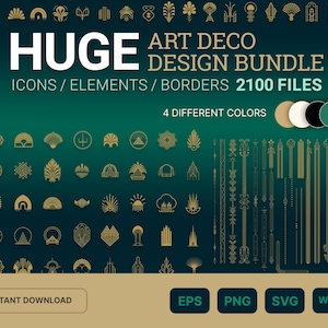 以下が含まれることがあります： 4つの異なる色（ベージュ、白、黒、ターコイズ）で構成された、2100個のアーデコのデザイン要素、アイコン、ボーダーのセット。デザイン要素は金色で、濃い緑色の背景に配置されています。画像の上部には、「HUGE ART DECO DESIGN BUNDLE ICONS/ELEMENTS/BORDERS 2100 FILES 4 DIFFERENT COLORS」というテキストが表示されています。