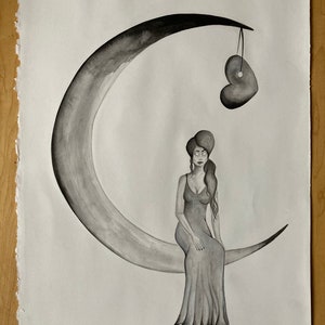 Lady of The Moon, original, hand-painted sumí-e painting on French watercolor paper