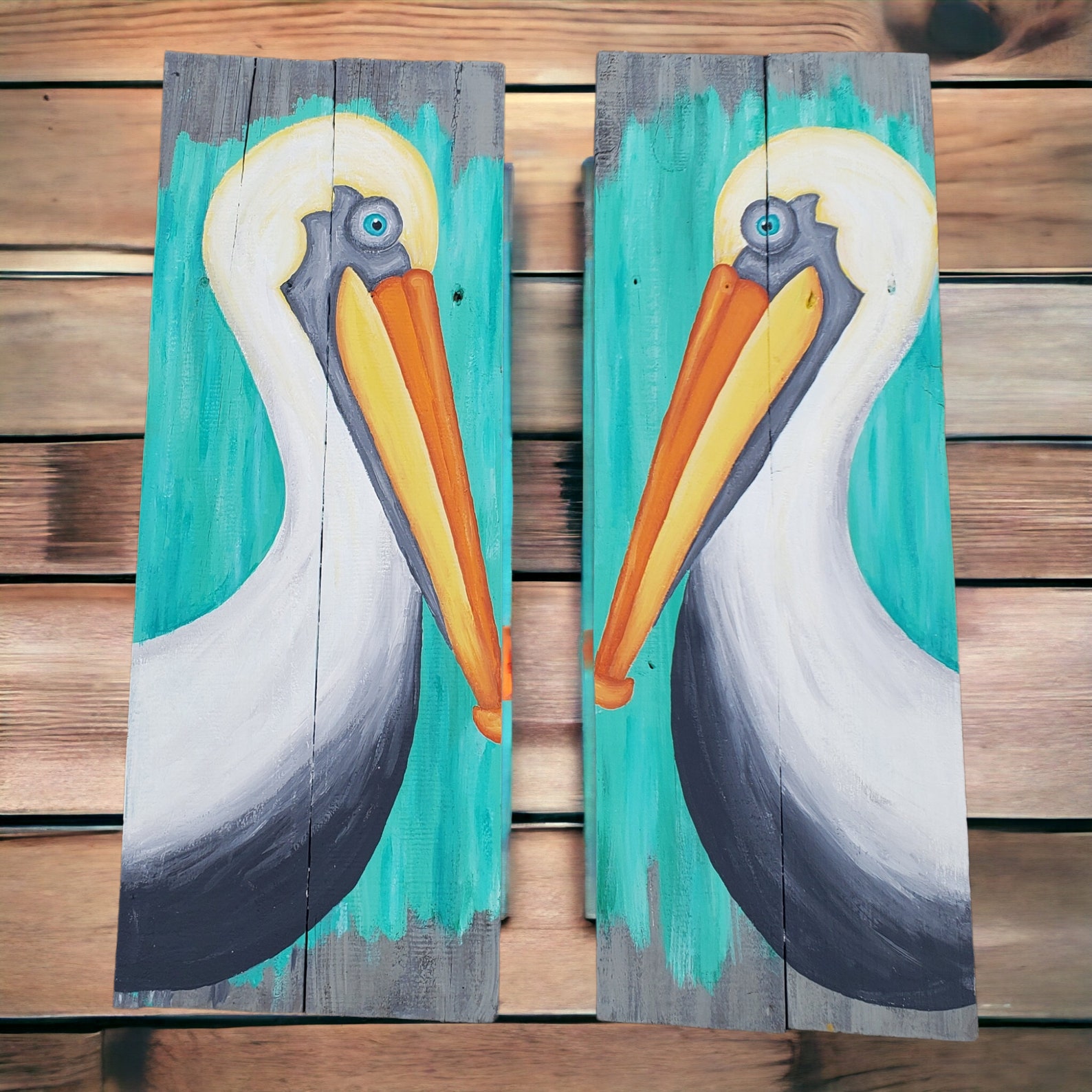 Set of 2 Pelican Paintings on Reclaimed Wood Aqua Accent Etsy