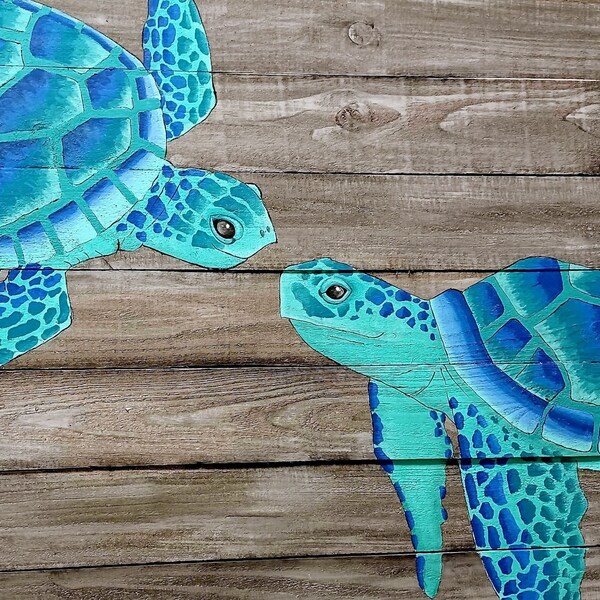 Aqua and blue Sea Turtles painting on gray recycled wood boards