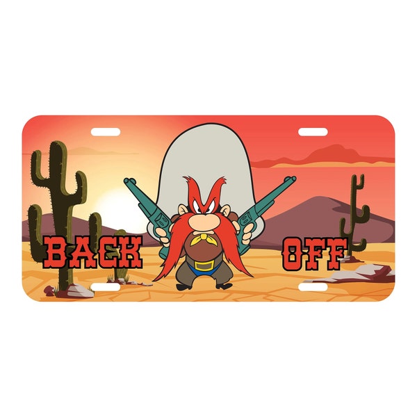 Yosemite Sam Cartoon Front License Plate - Desert Scene Design - 'Back Off' Warning - Car Accessory - Whimsical Car Decor