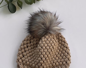 Clay *Leslie* Women’s Hat with Gray Removable Faux Fur Pom — Ready To Ship!