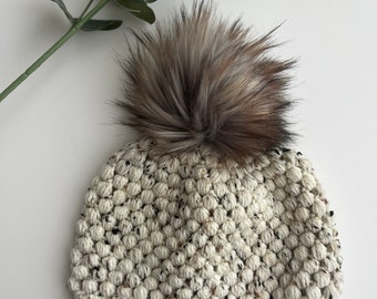 Neutral Tweed *Leslie* Women’s Hat with Gray & Brown Removable Faux Fur Pom — Ready To Ship!