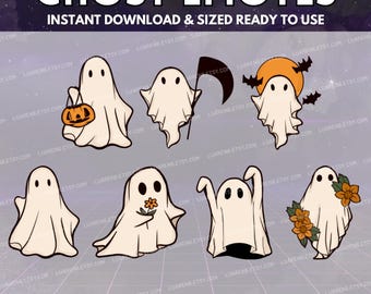May include: A collection of eight cartoon ghost emotes in various poses, perfect for digital use. Each ghost is white with black eyes, some holding objects like a pumpkin, flower, or scythe. Text at the top reads "GHOST EMOTES".