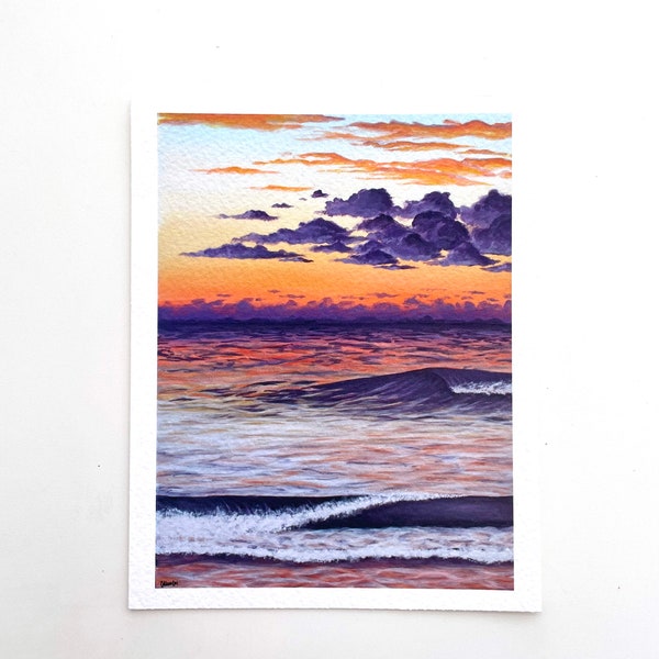 Orange and Purple Reflective Ocean Painting Fine Art Print, Sunset Wall Art, Acrylic Seascape Painting, 4x5, 8x10
