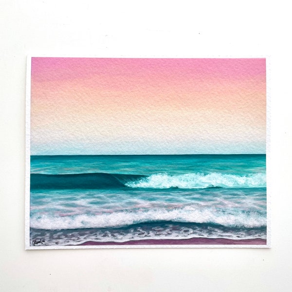 Pink and Turquoise Ocean Painting Fine Art Print, Coastal Wall Art, Acrylic Seascape Painting, 4x5, 8x10