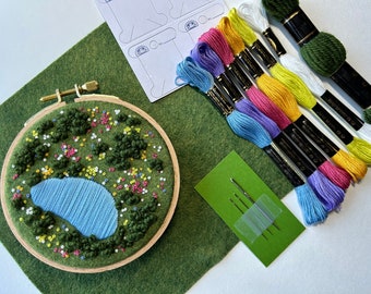 Freestyle embroidery kit for beginner or advanced skills, aerial landscape, guided freestyle embroidered field of flowers/trees, no pattern