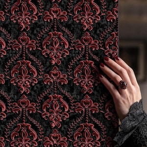 Rood en zwart reliëf imitatiefluweel damastbehang - luxe gotisch naadloos patroon