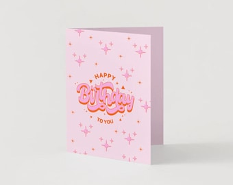 Pink Retro Happy Birthday Card | Cute Birthday Greeting Card | Modern Birthday Card | A2 Handmade Card | 5.5 x 4.25 Inches