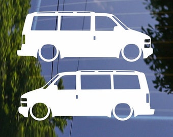 May include: Two white vinyl decals of a Chevrolet Express van silhouette. The decals are on a blue car window.