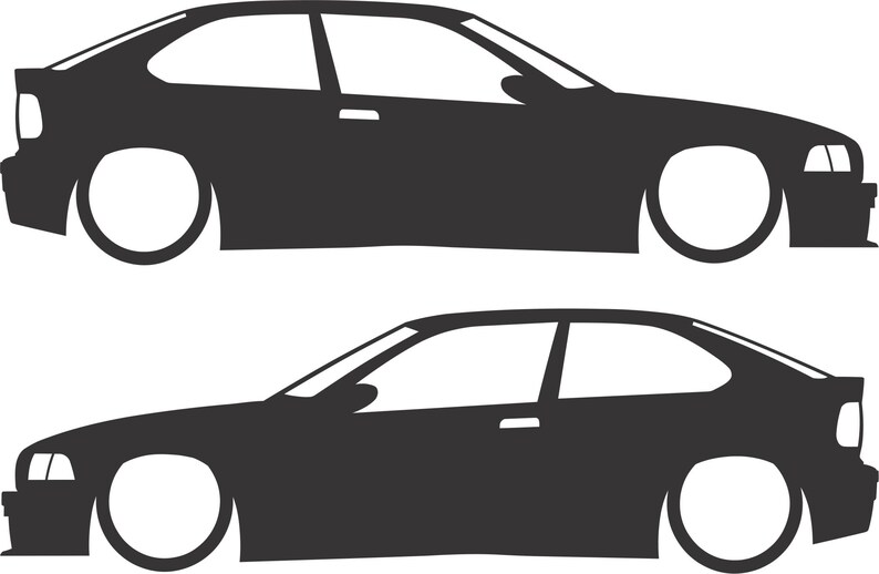 Puede incluir: Dos ilustraciones en silueta negra de un coche compacto con port&oacute;n trasero. Los coches se ven de lado, con grandes ruedas blancas y una postura rebajada. El dise&ntilde;o es minimalista, centrado en la forma del coche.
