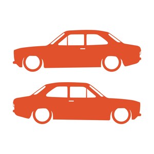 Set Of 2 Lowered Car Silhouette Decal Stickers For Ford Escort Mk1 3-door Hatchback Orange