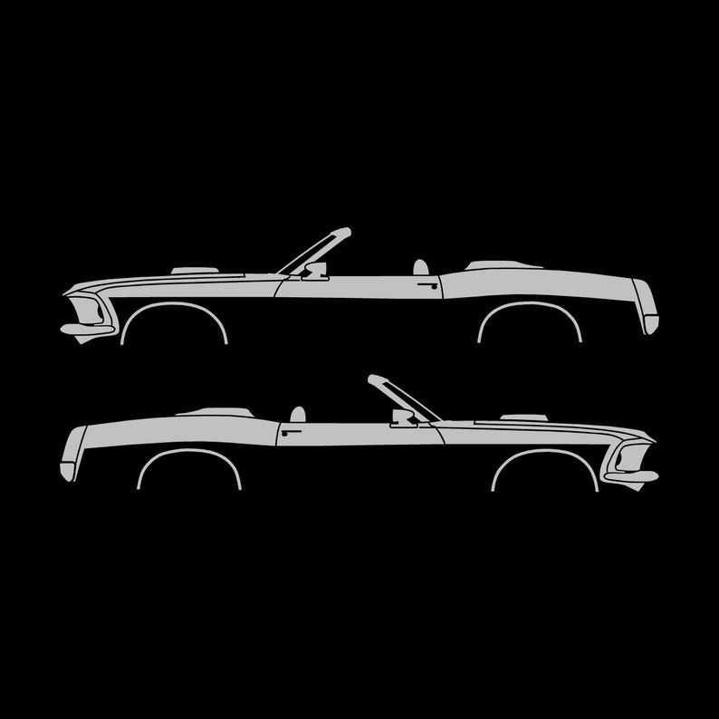 Conjunto de 2 adesivos com a silhueta de um carro rebaixado para Ford Mustang Conversível de 1969. Light Grey