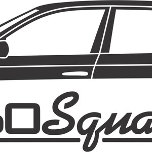 May include: Black and white graphic of a sedan car with the text "E60 Squad" in a stylized font. The car design includes star accents on the front and rear, and arched details above the text.