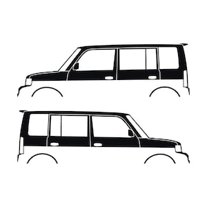 May include: A black and white graphic illustration featuring two identical silhouettes of a boxy, compact vehicle shown in profile. The design displays the car body from the windows up in solid black, with the lower half outlined in white.