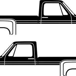 Puede incluir: Ilustraci&oacute;n en blanco y negro de dos camionetas. Las camionetas son vistas de perfil, con un dise&ntilde;o cl&aacute;sico que presenta una cabina, una caja y ruedas. La imagen es un gr&aacute;fico vectorial, adecuado para calcoman&iacute;as o impresiones.