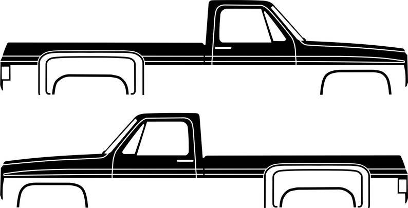 Puede incluir: Ilustraci&oacute;n en blanco y negro de dos camionetas. Las camionetas son vistas de perfil, con un dise&ntilde;o cl&aacute;sico que presenta una cabina, una caja y ruedas. La imagen es un gr&aacute;fico vectorial, adecuado para calcoman&iacute;as o impresiones.