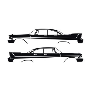 May include: A black and white graphic decal featuring the side profile silhouettes of two vintage cars. The top car faces left, while the bottom car faces right. Both vehicles display long, sleek bodies with prominent tail fins and windows.