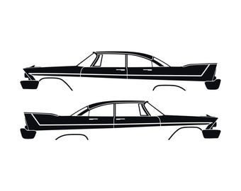 Puede incluir: Un adhesivo gráfico en blanco y negro que muestra las siluetas de perfil lateral de dos coches antiguos. El coche superior mira hacia la izquierda y el inferior hacia la derecha. Ambos vehículos tienen carrocerías largas y estilizadas.