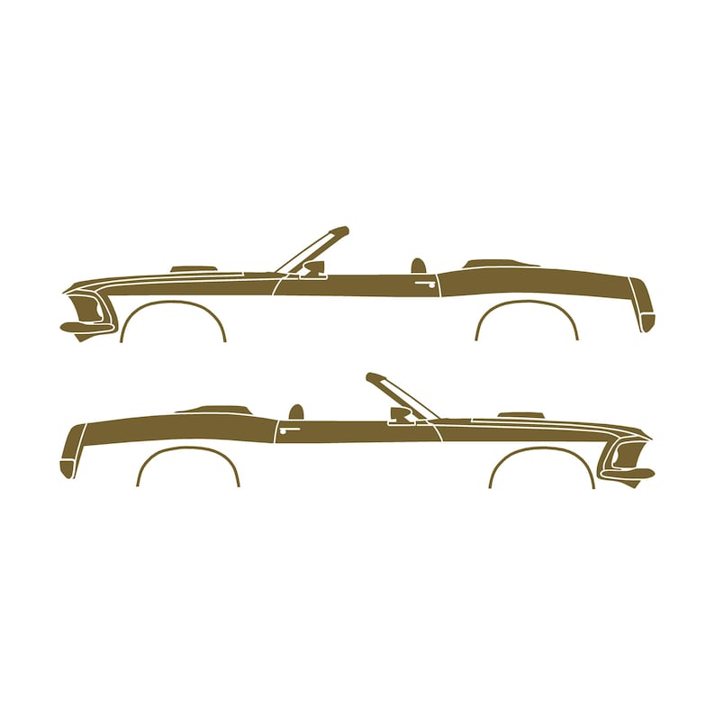 Conjunto de 2 adesivos com a silhueta de um carro rebaixado para Ford Mustang Conversível de 1969. Ouro