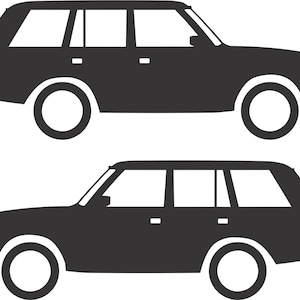 May include: Two black station wagon silhouettes. Each car has a boxy shape, with large windows and circular wheels. The design is simple and graphic, suitable for various applications.