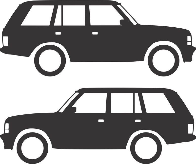 May include: Two black station wagon silhouettes. Each car has a boxy shape, with large windows and circular wheels. The design is simple and graphic, suitable for various applications.