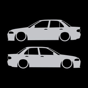 Set mit 2 Aufklebern für tiefergelegte Mitsubishi Lancer Evo 1 2 3 (ohne Heckflügel) Silber