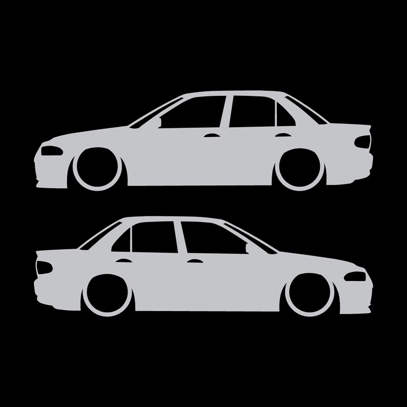 Set mit 2 Aufklebern für tiefergelegte Mitsubishi Lancer Evo 1 2 3 (ohne Heckflügel) Silber