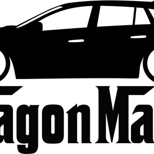 K&ouml;nnte beinhalten: Schwarz-wei&szlig;e Silhouette eines Kombis mit dem Text "Wagon Mafia" darunter.