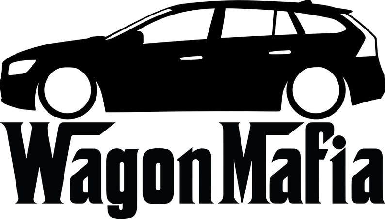 K&ouml;nnte beinhalten: Schwarz-wei&szlig;e Silhouette eines Kombis mit dem Text "Wagon Mafia" darunter.