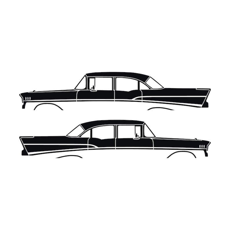 Set Of 2 Lowered Car Silhouette Decal Stickers For 1957 Chevrolet Bel Air 4-door Sedan Coupe Black