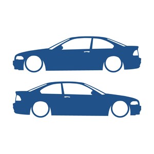Set van 2 verlaagde autosilhouet-stickers voor BMW E46 3-serie coupé (pre-facelift). Blauw