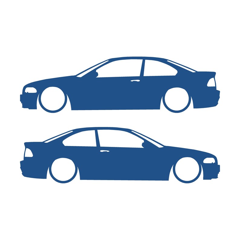 Set van 2 verlaagde autosilhouet-stickers voor BMW E46 3-serie coupé (pre-facelift). Blauw