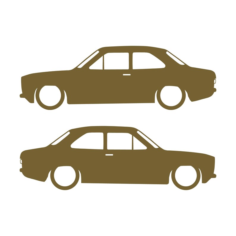 Set Of 2 Lowered Car Silhouette Decal Stickers For Ford Escort Mk1 3-door Hatchback Gold