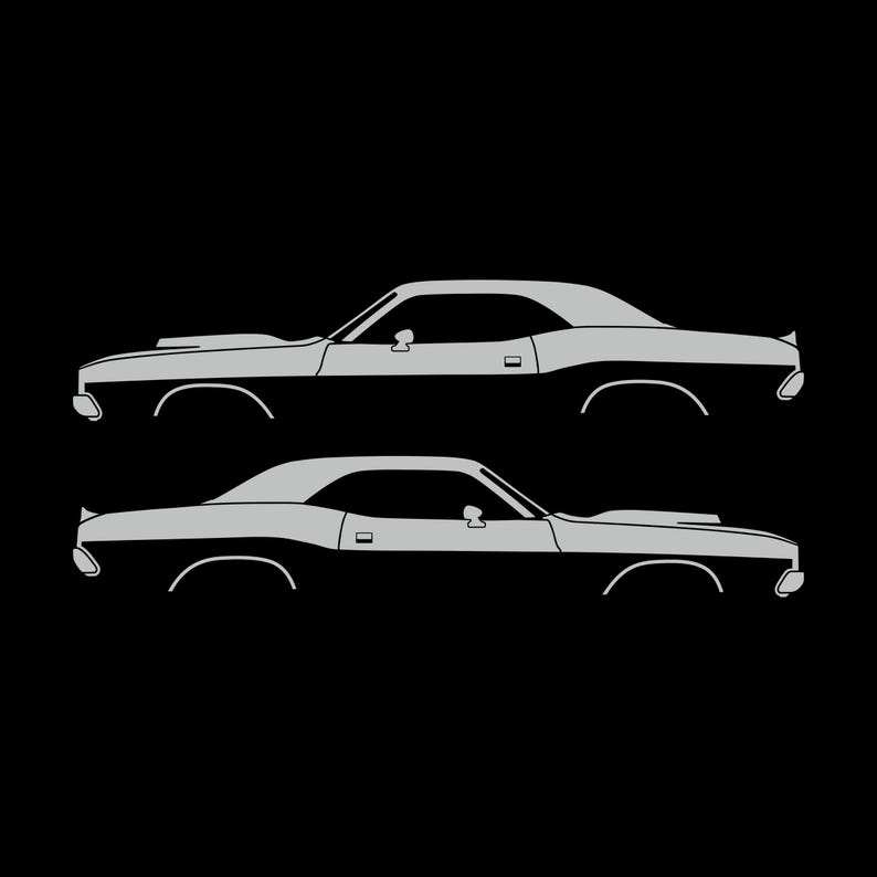 Set Of 2 Car Silhouette Decal Stickers For Dodge Challenger Shaker Hood Classic Hardtop 1st Gen 1970-74 Light Grey