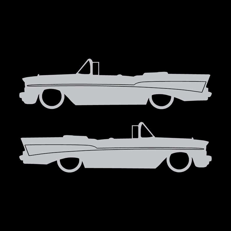 Set Of 2 Lowered Car Silhouette Decal Stickers For 1957 Chevrolet Bel Air Convertible Coupe Silver