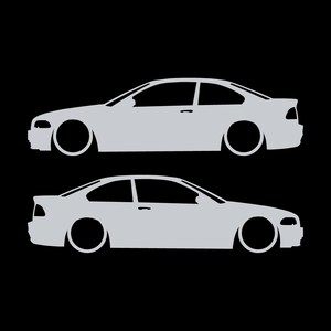 Set van 2 verlaagde autosilhouet-stickers voor BMW E46 3-serie coupé (pre-facelift). Wit