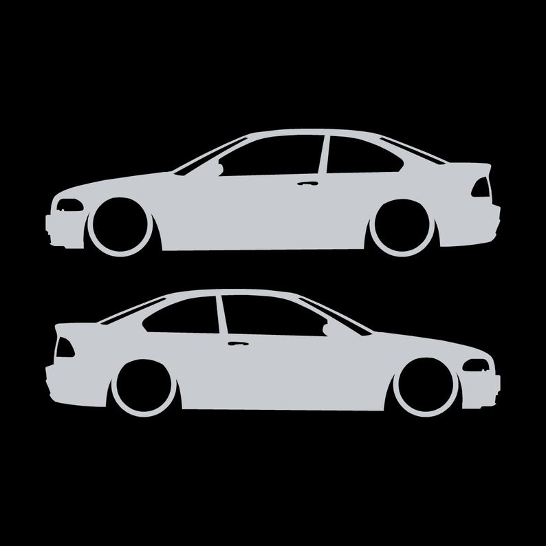 Set van 2 verlaagde autosilhouet-stickers voor BMW E46 3-serie coupé (pre-facelift). Wit