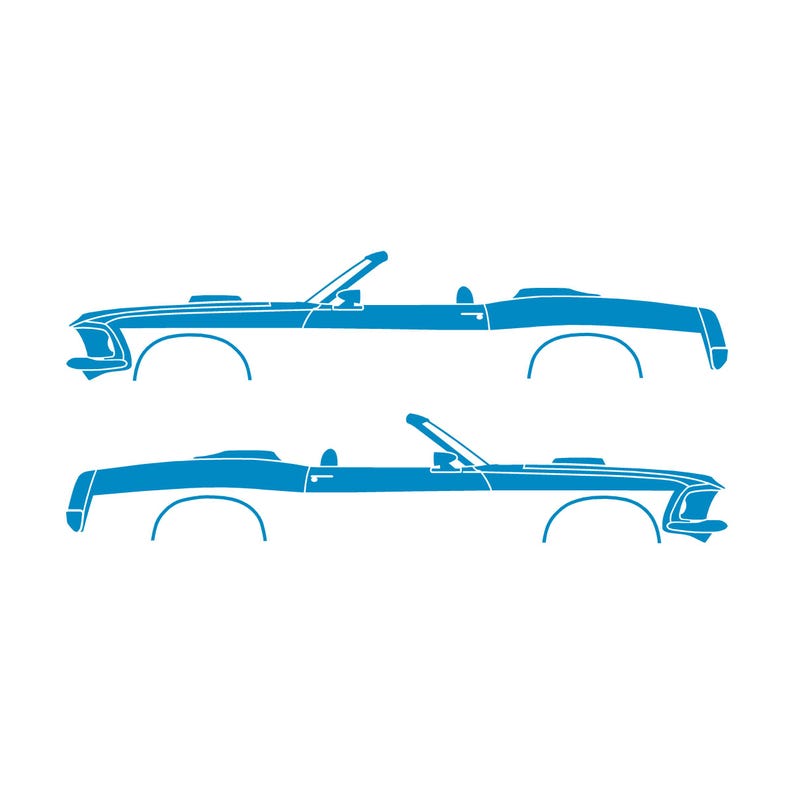 Conjunto de 2 adesivos com a silhueta de um carro rebaixado para Ford Mustang Conversível de 1969. Light Blue