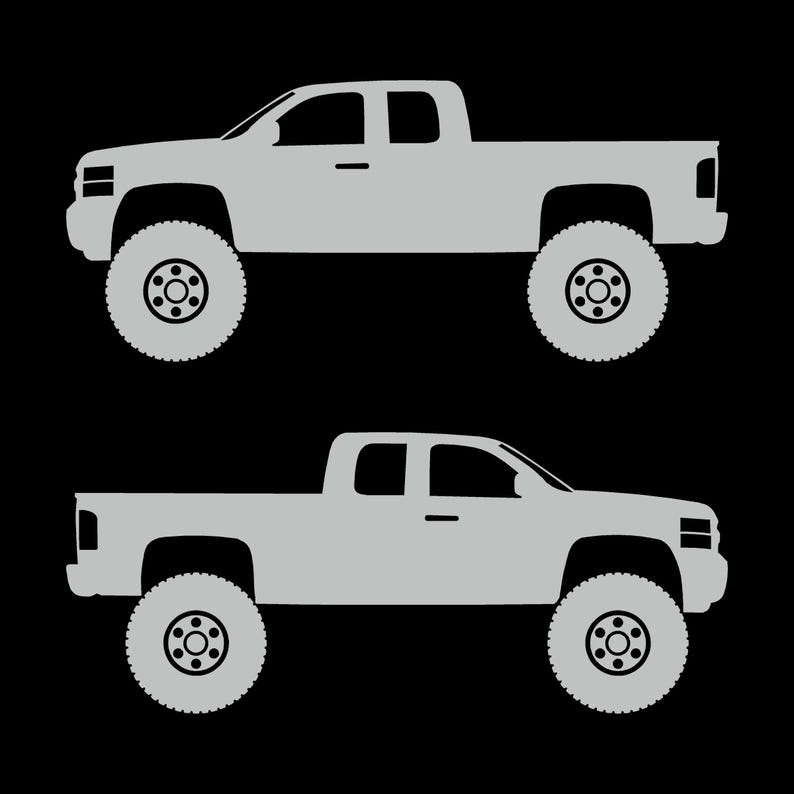 Set Of 2 Lifted Car Silhouette Decal Stickers For Chevrolet Silverado 2nd Gen 2007-14 Ext Cab Light Grey