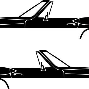 May include: Two black convertible car silhouettes. Each car has a low profile, open top, and curved body. The wheels are represented by semi-circular lines. The windshield and door details are visible. The cars are side-by-side against a white background.