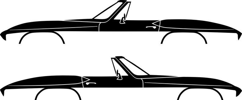 May include: Two black convertible car silhouettes. Each car has a low profile, open top, and curved body. The wheels are represented by semi-circular lines. The windshield and door details are visible. The cars are side-by-side against a white background.